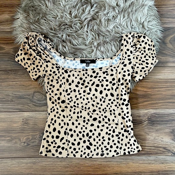 Lulus Black and Tan Dot Puff Sleeve Top - Picture 2 of 2